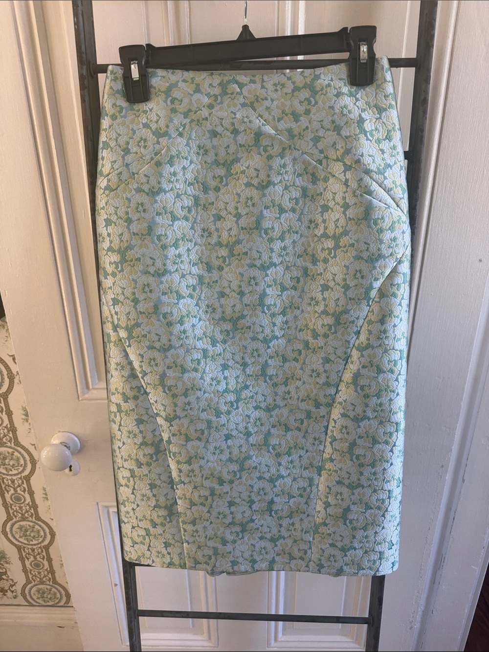 Exquisite Zac Posen Floral Jacquard Pencil Skirt in Light Blue and Cream